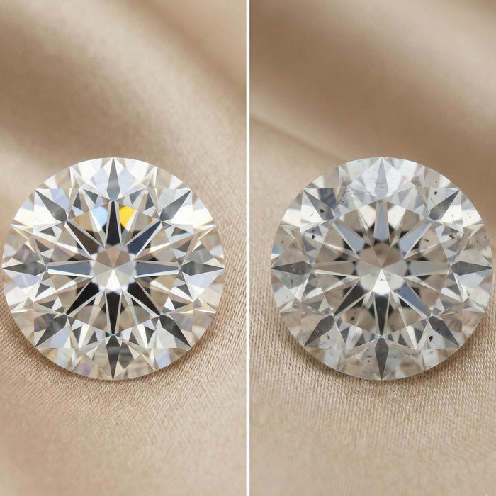 Two round brilliant diamonds side by side under the same light; the right stone has dark inclusions across the table.
