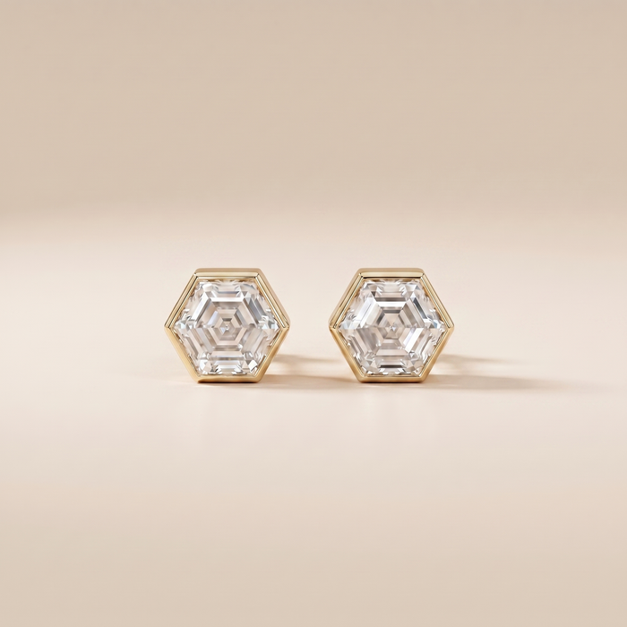 The Pare - Hexagon Cut Lab Grown Diamond Stud Earrings in Bezel Setting