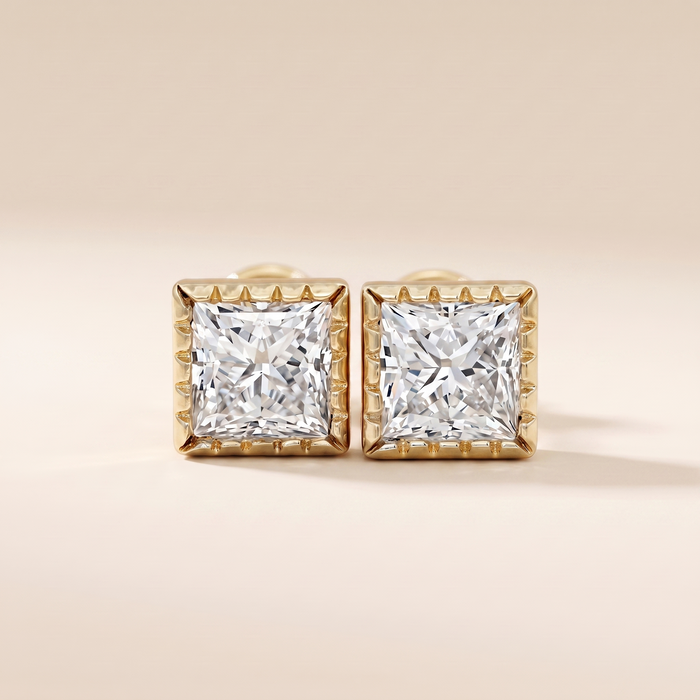 The Amia - Princess Cut Lab Grown Diamond Milgrain Bezel Stud Earrings