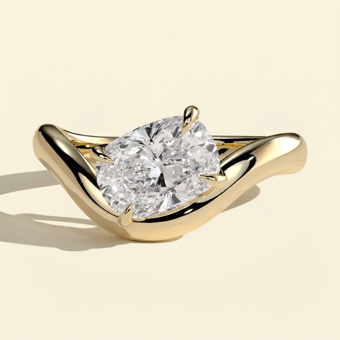 The Aelora - Elongated Cushion Cut Lab Grown Diamond East West Solitaire with Wave Band Engagement Ring