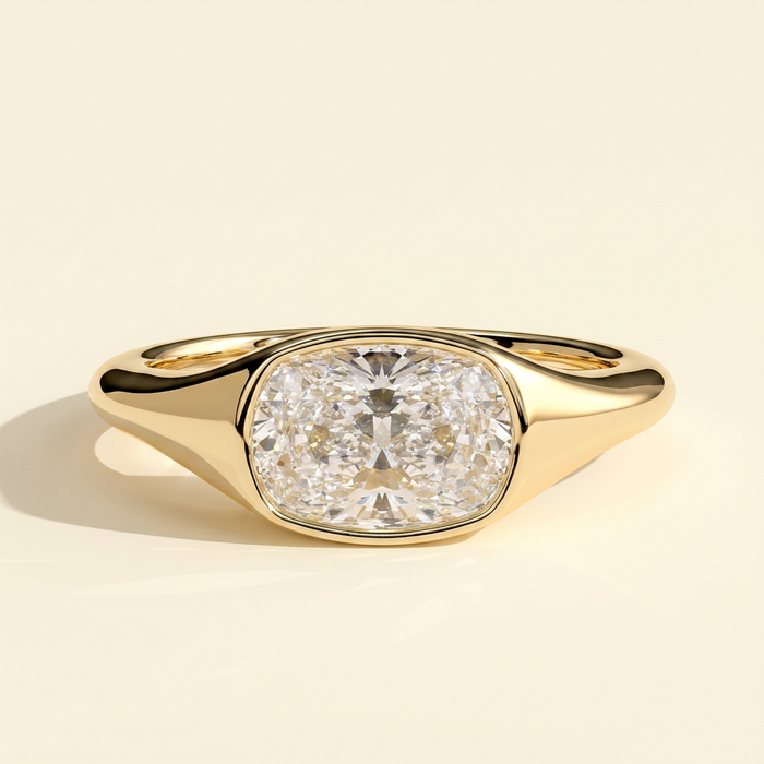 The Xara - Elongated Cushion Cut Lab Grown Diamond East West Bezel Set Solitaire with Signet Band Engagement Ring