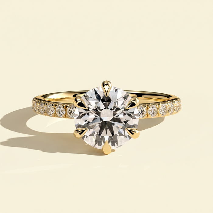 The Jaia - Six Claw Round Lab Grown Diamond Engagement Ring with Pave Band