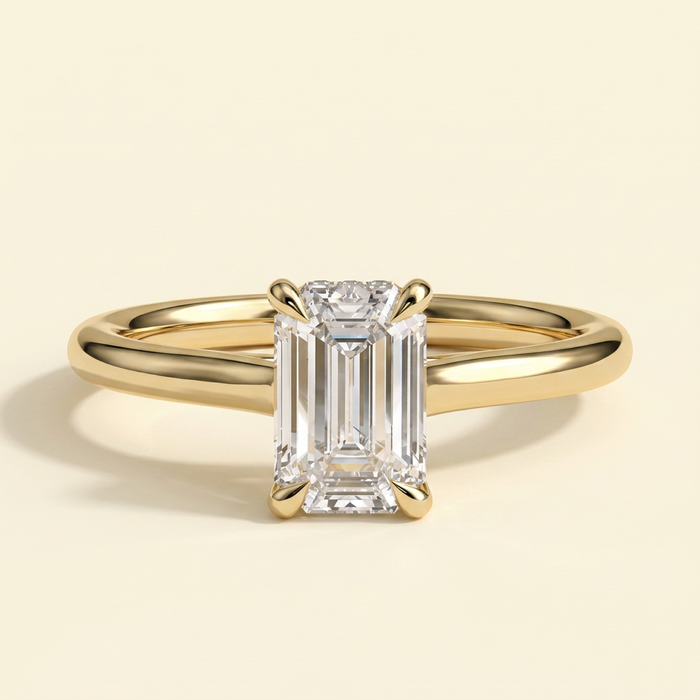 The Giova - Emerald Cut Lab Grown Diamond Four Claw Solitaire with Hidden Halo Engagement Ring
