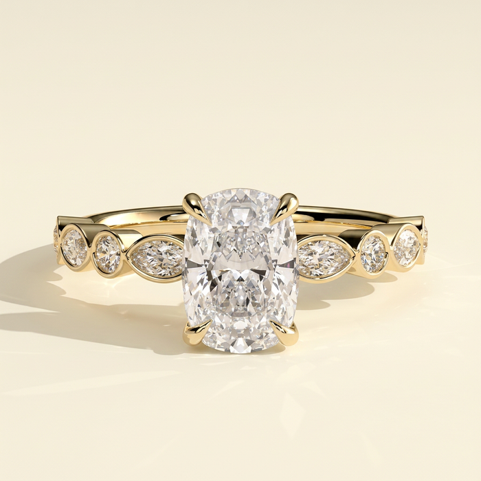 The Lucia - Elongated Cushion Lab Diamond Solitaire with Round-Marquise Bezel Accent Stones Ring