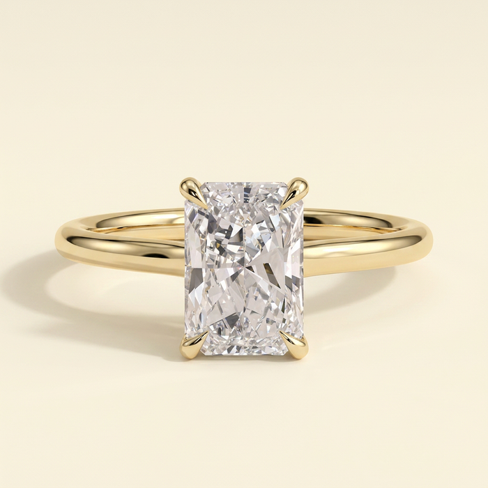 The Izar - Radiant Cut Lab Grown Diamond Four Claw Solitaire with Hidden Halo and Cathedral High Setting Engagement Ring