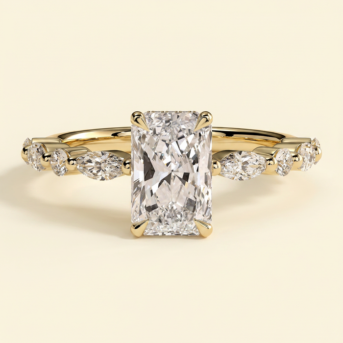 The Hana - Radiant Cut Lab Grown Diamond Hidden Halo Solitaire with Alternating Round and Marquise Accent Band Engagement Ring