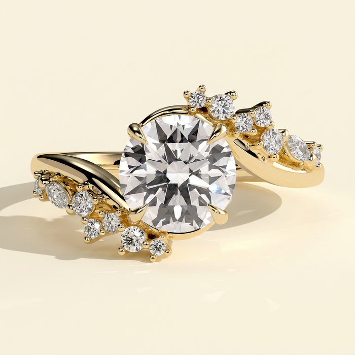 The Selene - Round Cut Lab Grown Diamond Vine Inspired Bypass Solitaire with Clustered Accent Stones Engagement Ring
