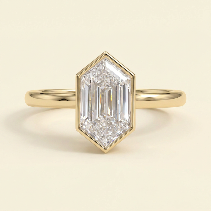 The Reina - Elongated Hexagon Cut Lab Grown Diamond Solitaire Ring with Bezel Hidden Halo