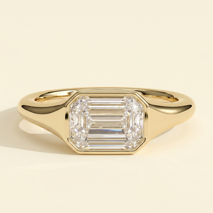 The Joia - Emerald Cut Lab Grown Diamond East West Bezel Set Solitaire with Signet Band Engagement Ring