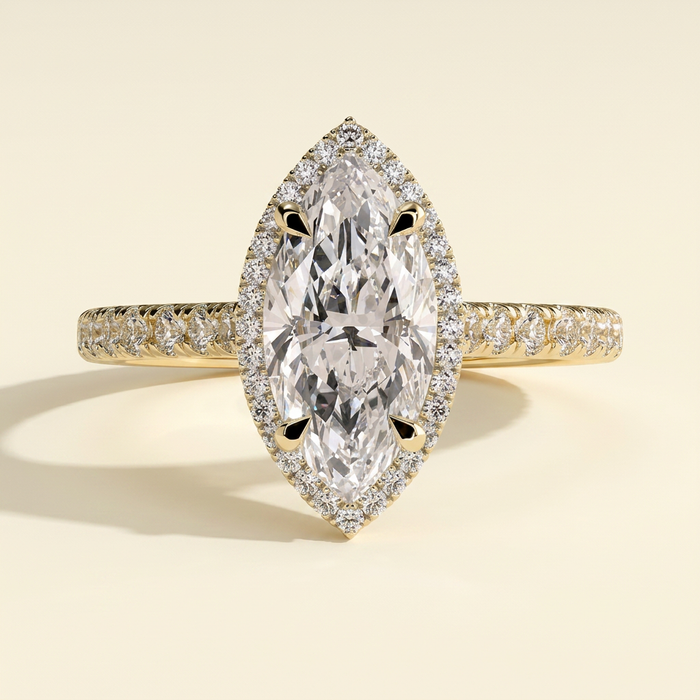 The Theia - Marquise Cut Lab Grown Diamond Eagle Claw Halo with Cathedral Arches and Pave Band Engagement Ring