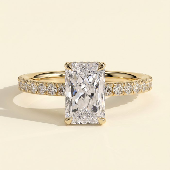 The Elenia - Radiant Cut Lab Grown Diamond Four Claw Solitaire with Hidden Halo and Pave Band Engagement Ring