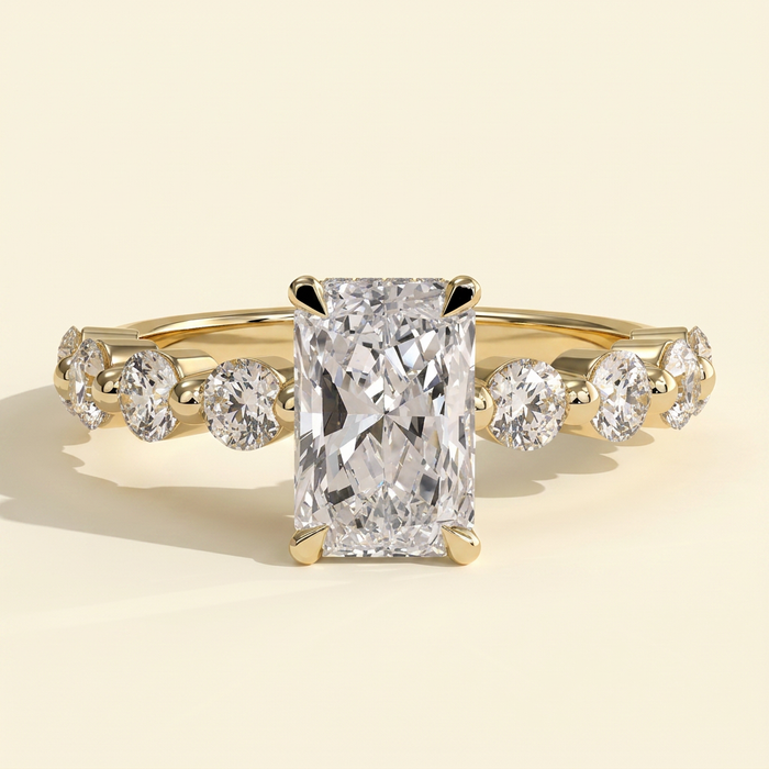The Celia - Radiant Cut Lab Grown Diamond Four Claw Hidden Halo with Round Side Stones Engagement Ring