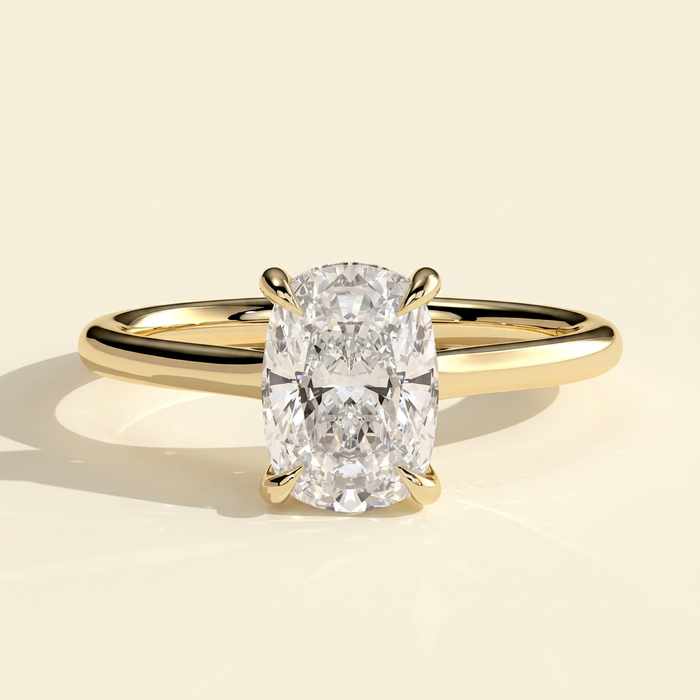 The Blythe - Elongated Cushion Cut Lab Grown Diamond Four Claw Solitaire with Hidden Halo and Cathedral High Setting Engagement Ring