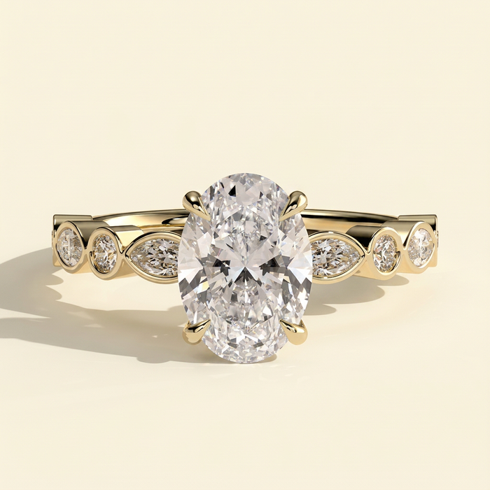 The Selina - Oval Cut Lab Grown Diamond Four Claw Solitaire with Bezel Set Round and Marquise Accent Stones Engagement Ring