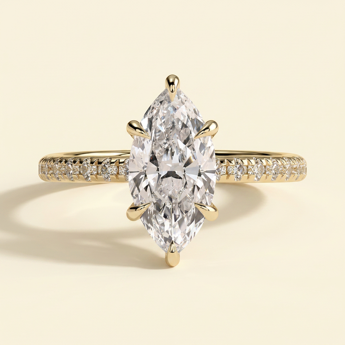 The Farelle - Marquise Cut Lab Grown Diamond Hidden Halo Solitaire with Pave Band Engagement Ring