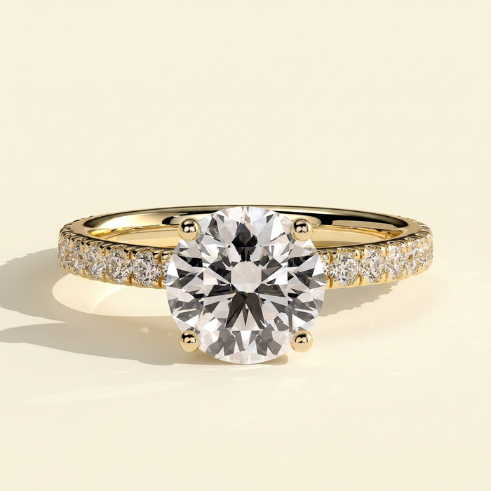 The Elena - Round Cut Lab Grown Diamond Solitaire with Hidden Halo and Pave Band Engagement Ring