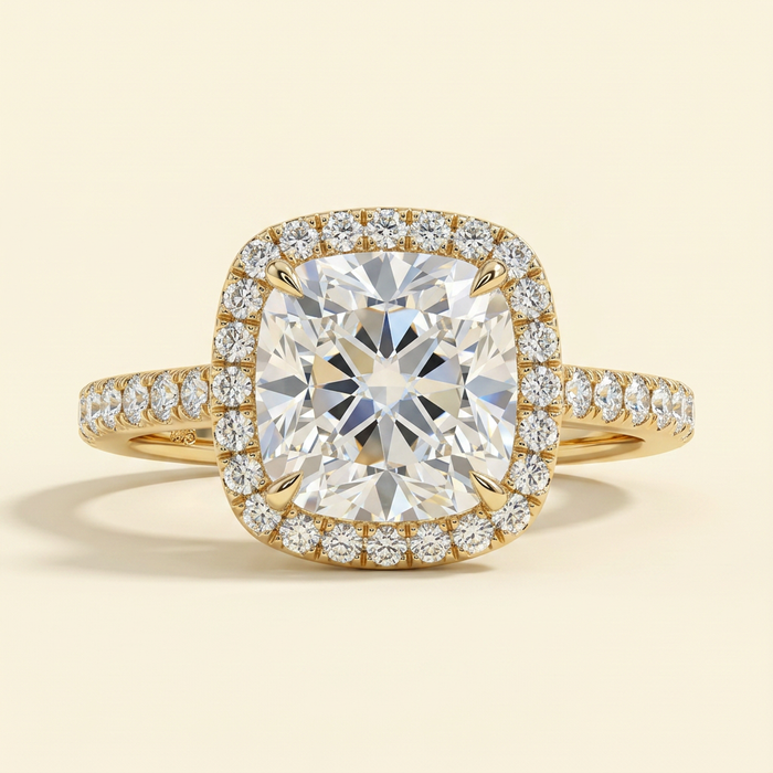 The Brillia - Cushion Cut Lab Grown Diamond Halo Engagement Ring with Pave Band