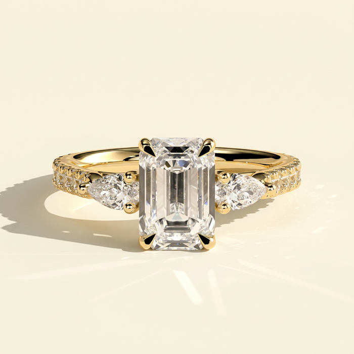 The Aluna - Emerald Cut Lab Grown Diamond Three Stone Ring with Pave Band