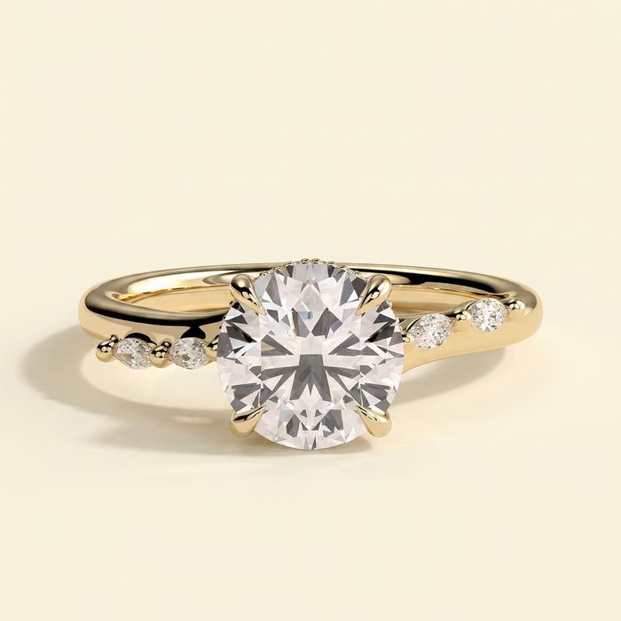 The Stelle - Round Cut Lab Grown Diamond Hidden Halo Solitaire with Opposing Marquise Accent Band Engagement Ring