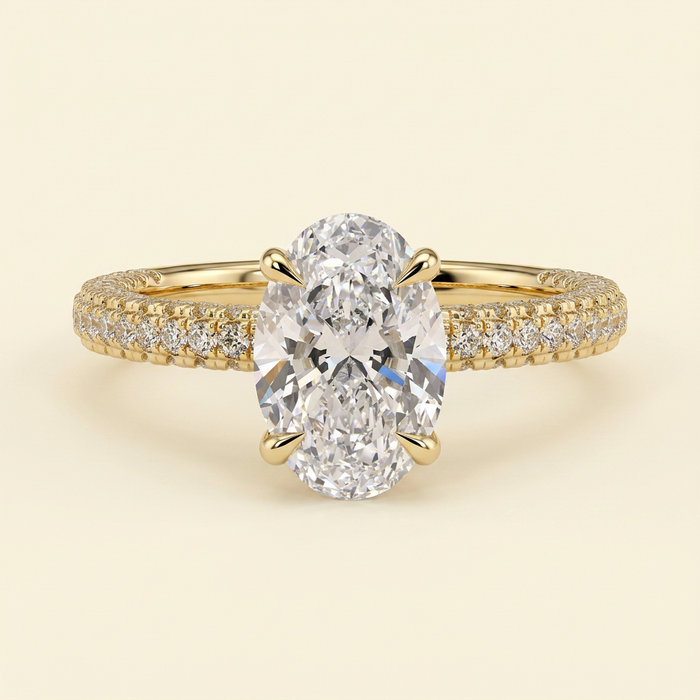 The Nella - Oval Cut Lab Grown Diamond Hidden Halo Solitaire with Triple Pave Band Engagement Ring