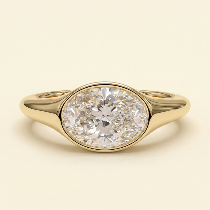The Colette - Oval Cut Lab Grown Diamond East West Bezel Set Solitaire with Signet Band Engagement Ring