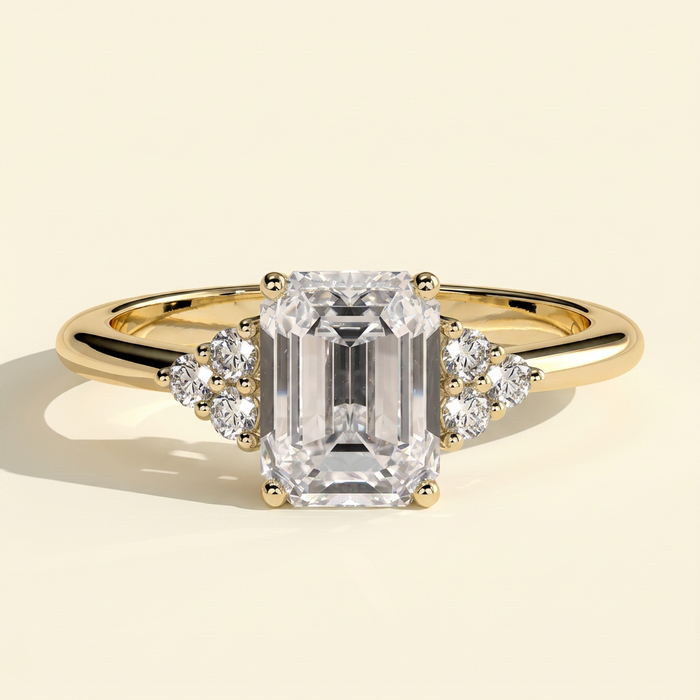 The Serene - Emerald Cut Lab Grown Diamond Low Set Solitaire with Round Shoulder Stones Engagement Ring