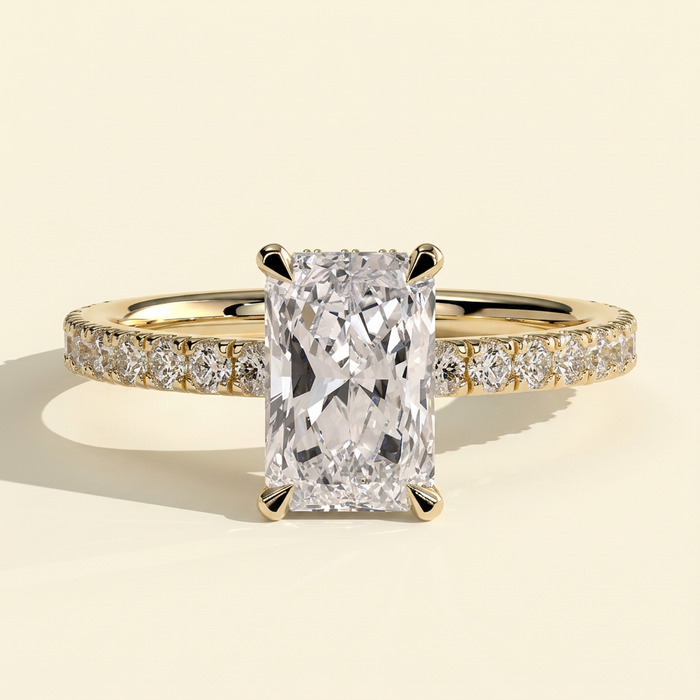 The Laela - Radiant Lab Grown Diamond Solitaire with Wrap Around Hidden Halo and Pave Band Ring