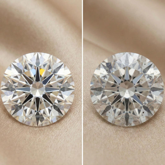 Two round brilliant diamonds side by side under the same light; the right stone has dark inclusions across the table.