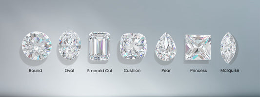 Seven diamond shapes photographed side by side and labelled: round, oval, emerald cut, cushion, pear, princess and marquise.