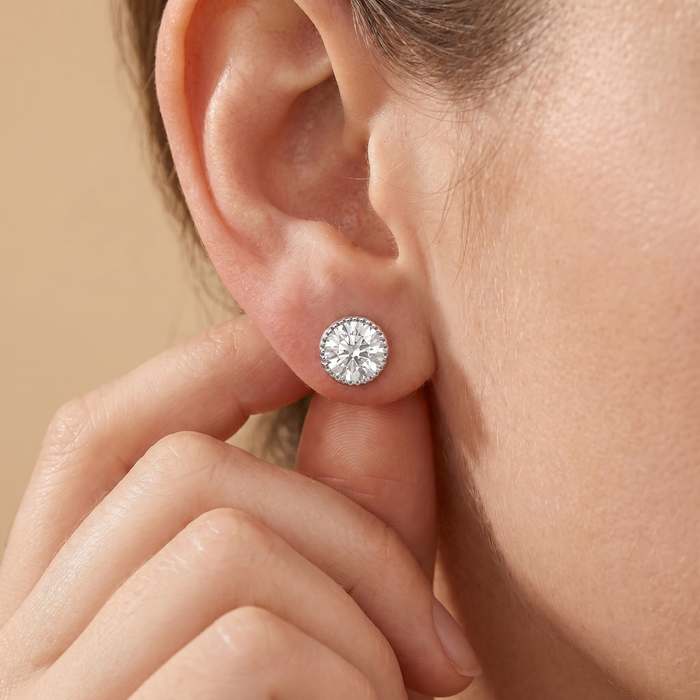 The Lira - Round Brilliant Lab Grown Diamond Milgrain Bezel Stud Earrings
