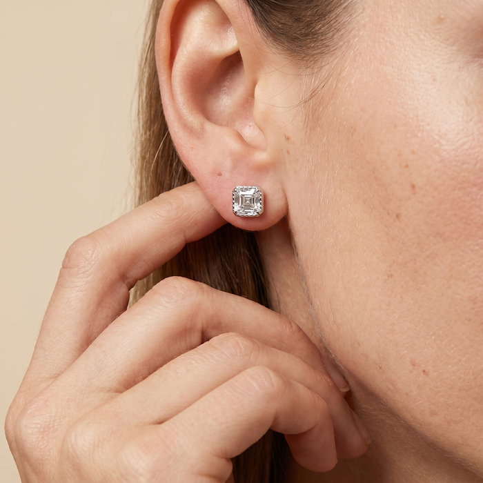 The Aira – 4 TCW Asscher Cut Lab Grown Diamond Bezel Stud Earrings