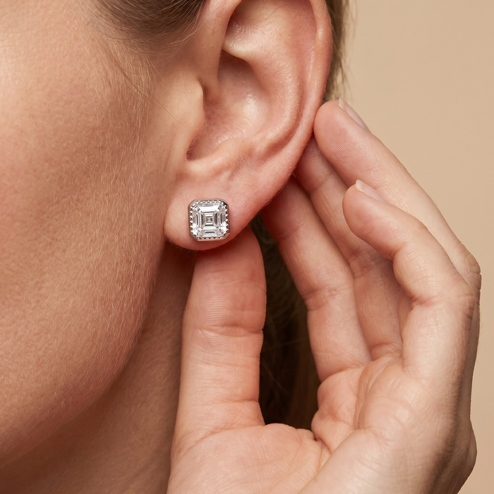 The Aira – 4 TCW Asscher Cut Lab Grown Diamond Bezel Stud Earrings