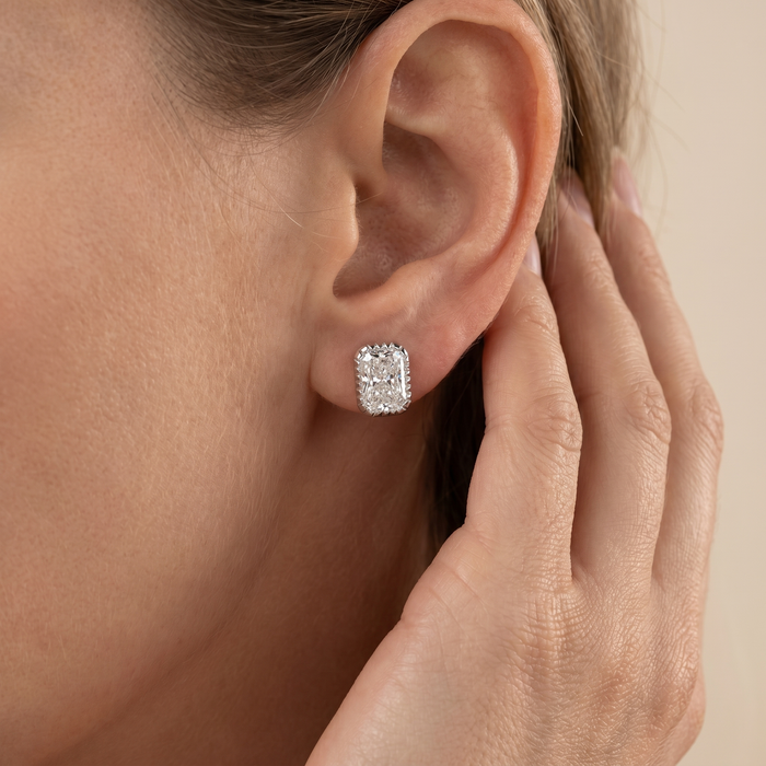 The Koel - Radiant Cut Lab Grown Diamond Milgrain Bezel Stud Earrings