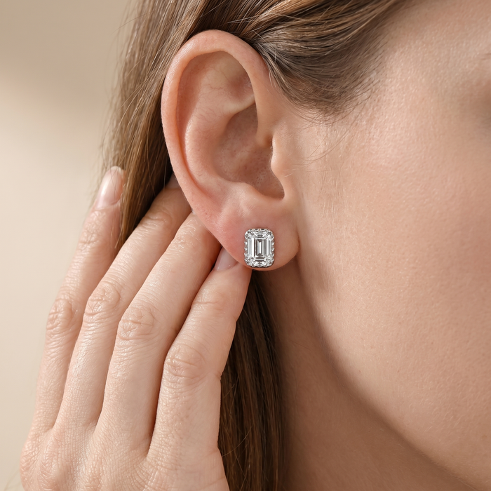 The Keva - Emerald Cut Lab Grown Diamond Studs with Milgrain Bezel Setting