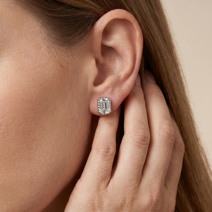 The Keva - Emerald Cut Lab Grown Diamond Studs with Milgrain Bezel Setting