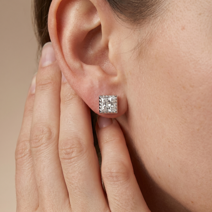 The Amia - Princess Cut Lab Grown Diamond Milgrain Bezel Stud Earrings