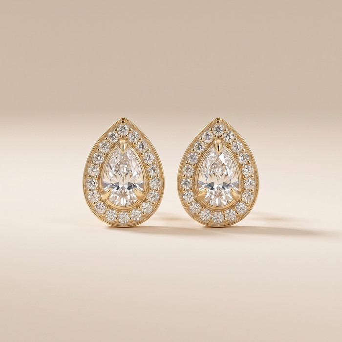 The Koya - Pear Cut Lab Grown Diamond Halo Pavé Stud Earrings