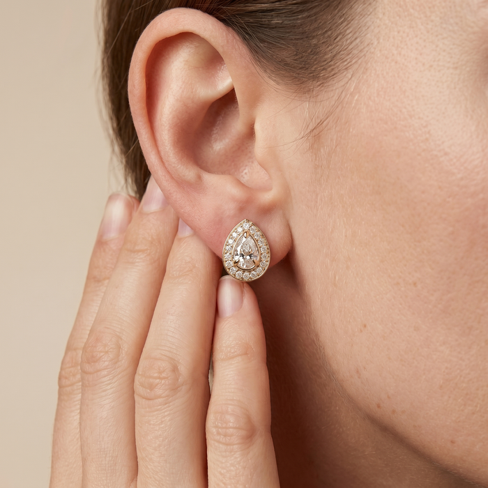 The Koya - Pear Cut Lab Grown Diamond Halo Pavé Stud Earrings