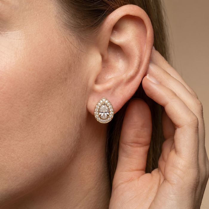 The Koya - Pear Cut Lab Grown Diamond Halo Pavé Stud Earrings