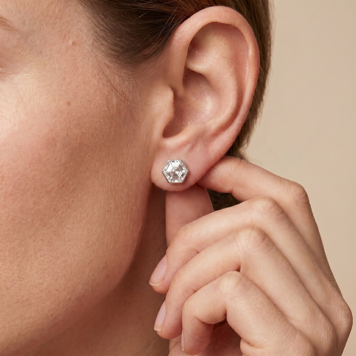 The Pare - Hexagon Cut Lab Grown Diamond Stud Earrings in Bezel Setting