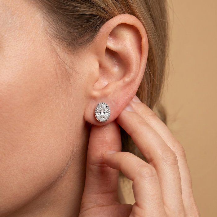 The Alka - Oval Lab Grown Diamond Studs in Vintage Milgrain Bezel