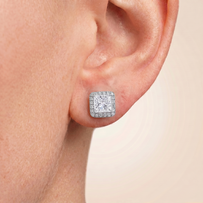 The Fara - Princess Cut Lab Grown Diamond Halo Pavé Stud Earrings