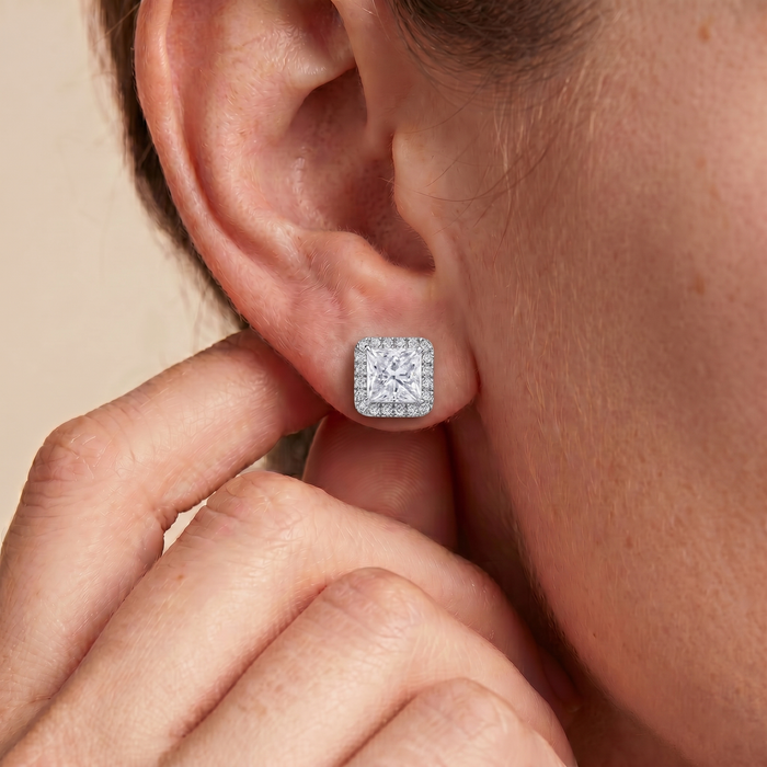 The Fara - Princess Cut Lab Grown Diamond Halo Pavé Stud Earrings