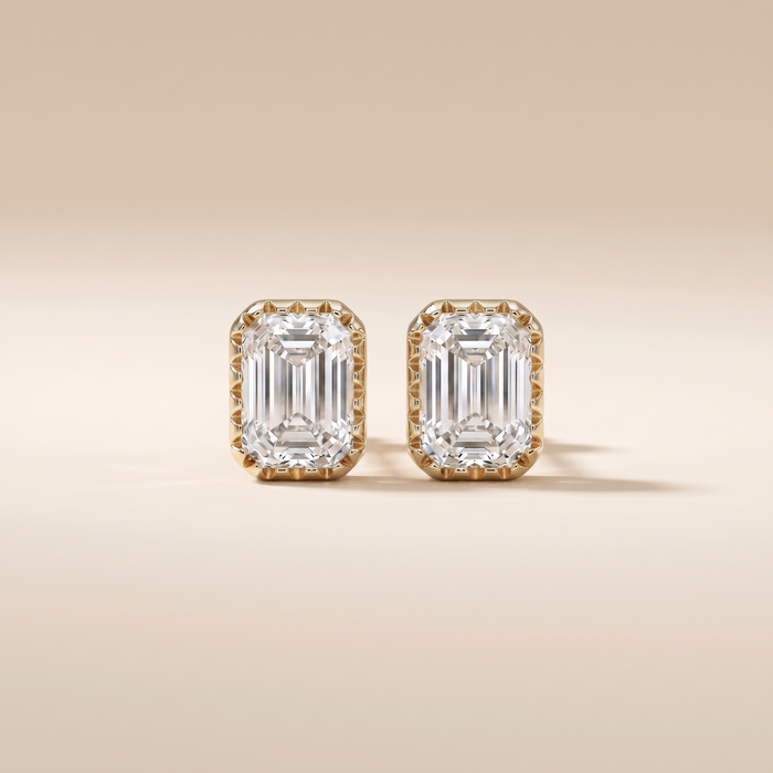 The Keva - Emerald Cut Lab Grown Diamond Studs with Milgrain Bezel Setting