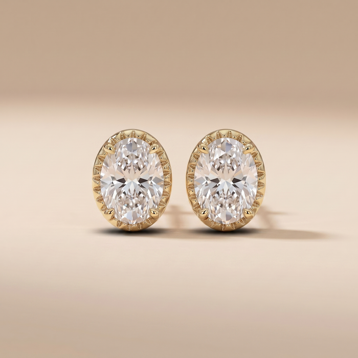 The Alka - Oval Lab Grown Diamond Studs in Vintage Milgrain Bezel