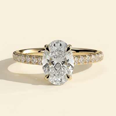 The Risela - Oval Cut Lab Grown Diamond Four Claw Solitaire with Hidden Halo and Cathedral Pave Band Engagement Ring