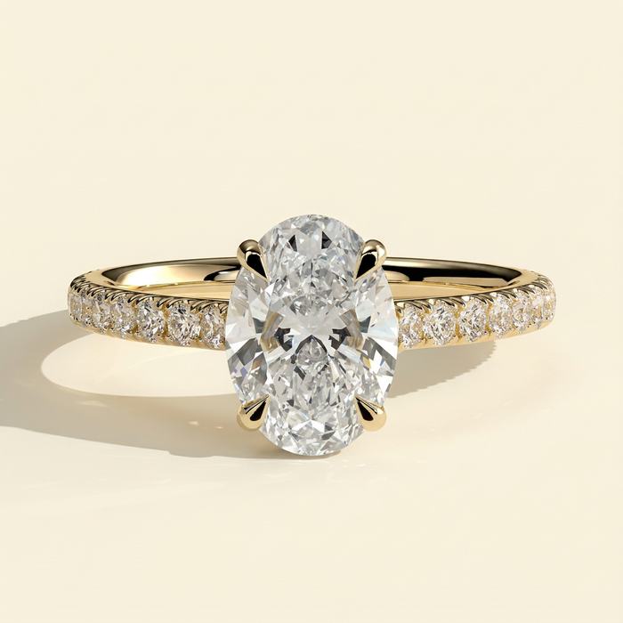 The Risela - Oval Cut Lab Grown Diamond Four Claw Solitaire with Hidden Halo and Cathedral Pave Band Engagement Ring