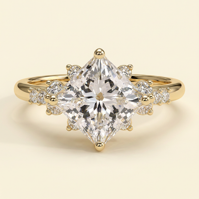 The Velora - Princess Cut Lab Grown Diamond Solitaire with Angled Setting and Round Accent Clusters Engagement Ring