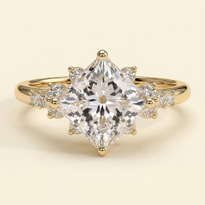 The Velora - Princess Cut Lab Grown Diamond Solitaire with Angled Setting and Round Accent Clusters Engagement Ring