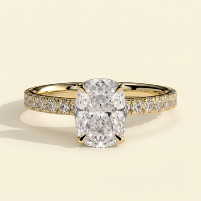 The Etoile - Elongated Cushion Lab Diamond Solitaire with Hidden Halo and Pave Band Ring